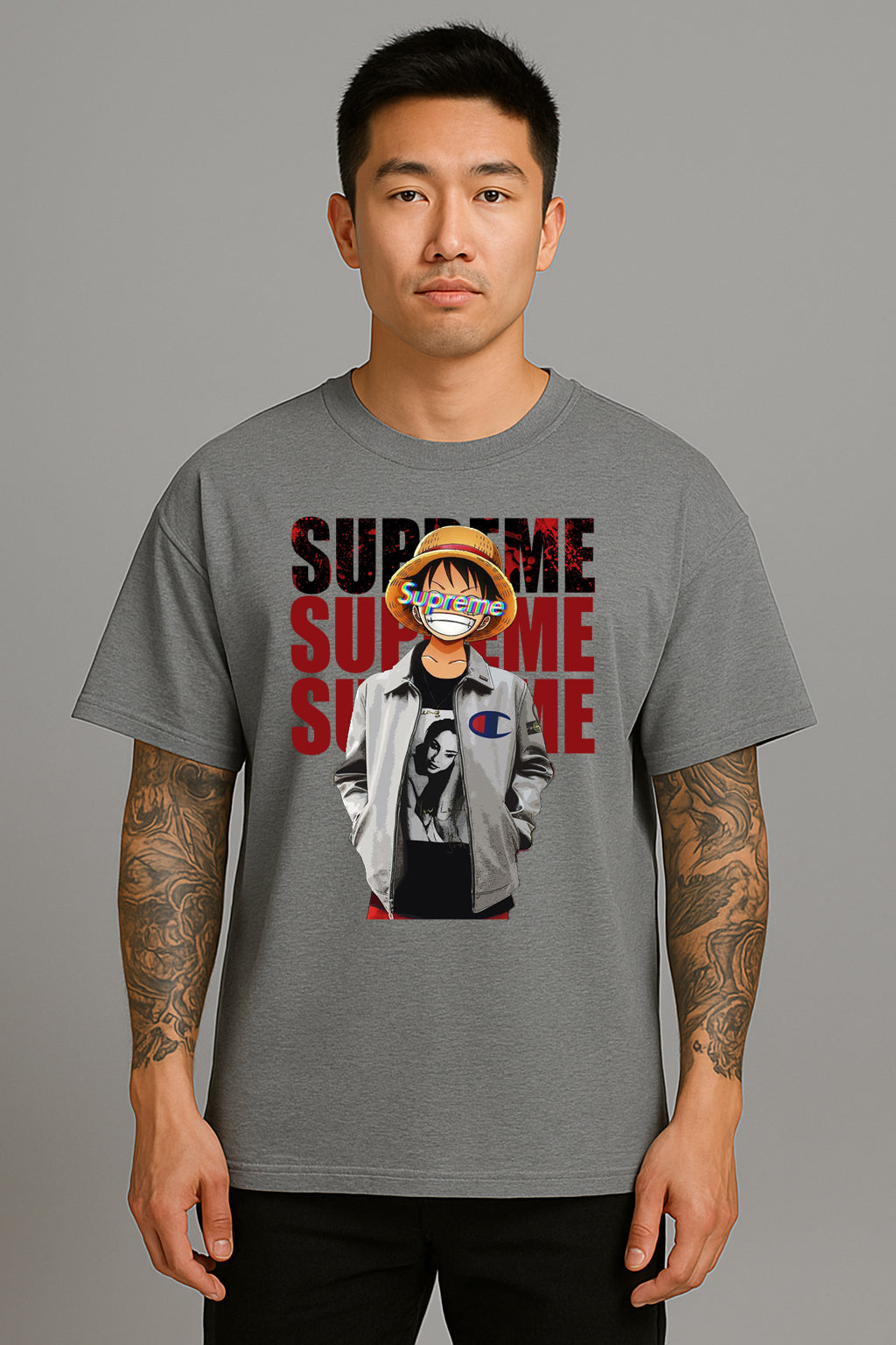 Anime Streetwear Supreme Parody Tee – Luffy Inspired Graphic T-Shirt
