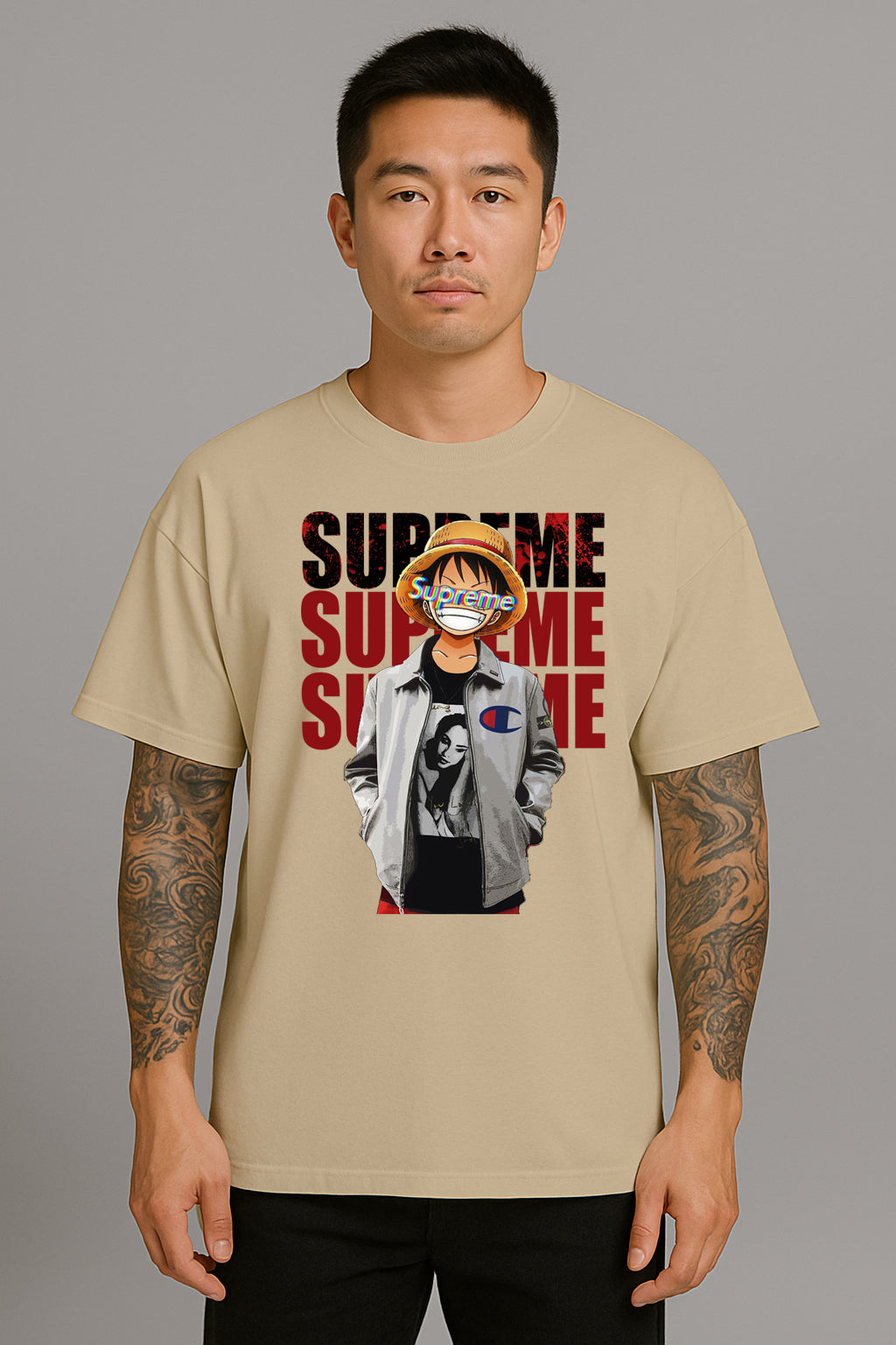Anime Streetwear Supreme Parody Tee – Luffy Inspired Graphic T-Shirt