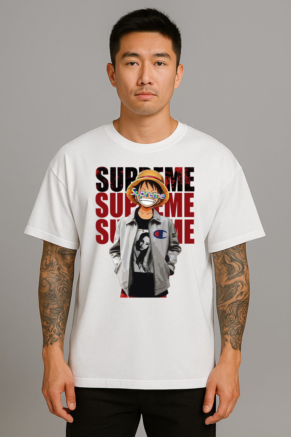 Anime Streetwear Supreme Parody Tee – Luffy Inspired Graphic T-Shirt
